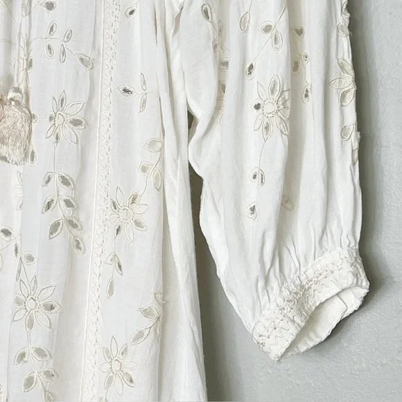 Sundance Trisha Eyelet White Fringe Trim V-Neck Tassel Tie CoverUp Dress Medium - Picture 5 of 11